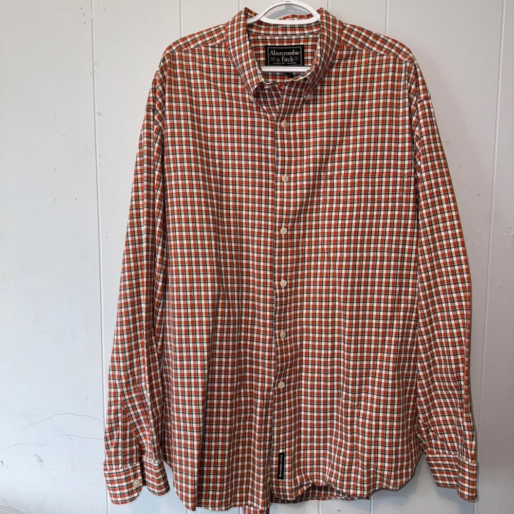 Abercrombie & Fitch Mens XL Orange Plaid Long Sleeve Button Down Cotton Shirt